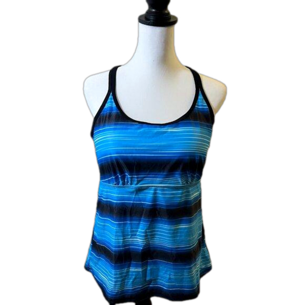 Yonique Tankini Top, Blue & Black Stripes, L